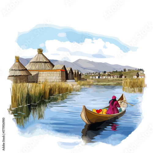Lake Titicaca. Lake Titicaca hand drawn watercolor illustration