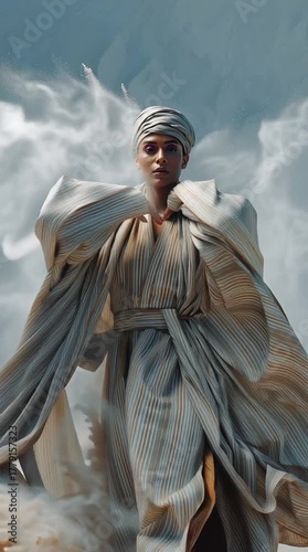 Woman in Flowing Robe Surrounded by Dramatic Cloud of Sand and Dust in Artistic Capture of Movement and Energy