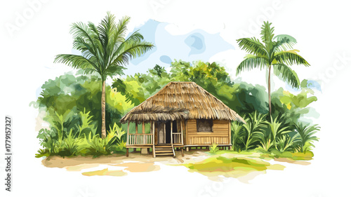 Rewa Eco Lodge. Rewa Eco Lodge hand drawn watercolor illustration