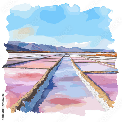 Salinas Grandes - Salt flats in Jujuy. Salinas Grandes - Salt flats in Jujuy hand drawn watercolor illustration