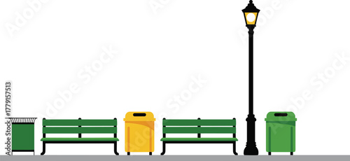 Minimalist illustration of a park scene with benches, trash bins, and street lamp, urban public space vector design concept