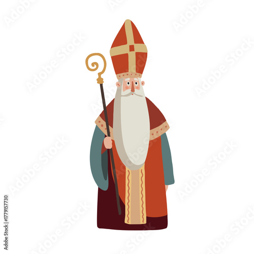 Saint Nicholas illustration in bishop attire holding staff isolated on background. Christmas character design for winter holiday greeting card, invitation, festive decoration. Czech, Dutch Sinterklaas