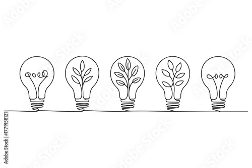 Continuous one line drawing of light bulb with tree inside eco concept illustration
