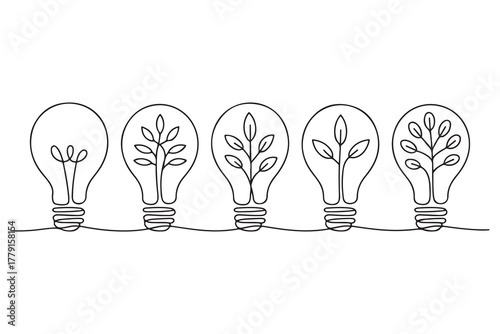 Continuous one line drawing of light bulb with tree inside eco concept illustration
