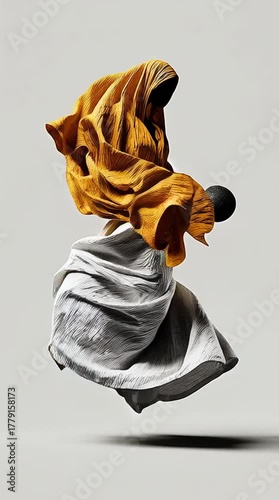 Abstract figure in vibrant yellow fabric, showcasing movement and contrast against a minimalist background with floating shapes