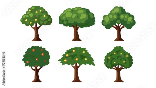 Diverse Green Trees: A collection of various lush, leafy trees showcases the beauty and diversity of nature, perfect for illustrating growth, environment, or landscaping concepts.