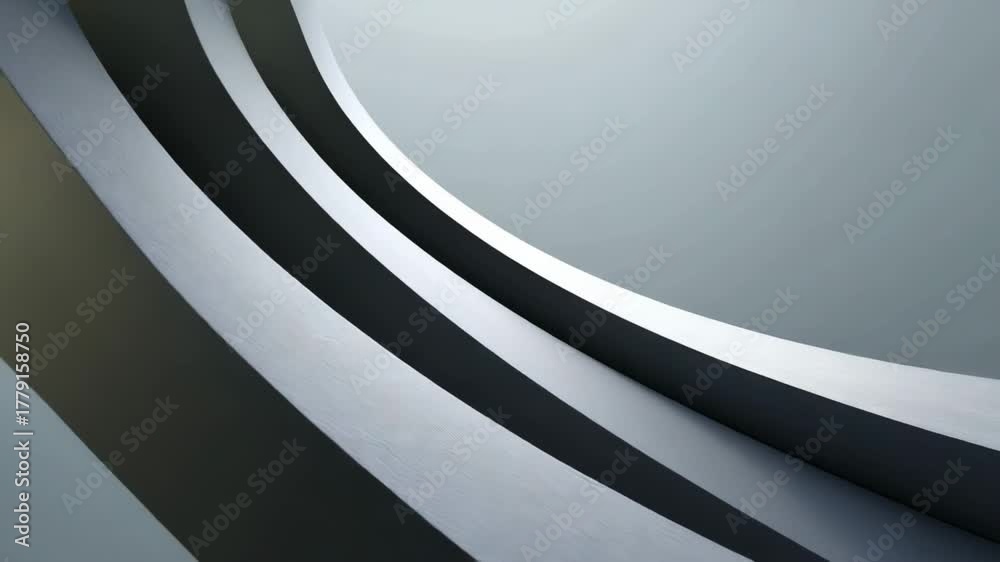Abstract architectural forms curve through the frame showcasing alternating bands of light and shadow in a minimalist composition of white gray and dark tones