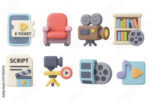 3d cinema and entertainment icons set: tickets, films, and music elements