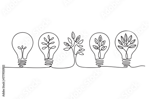 Continuous one line drawing of light bulb with tree inside eco concept illustration
