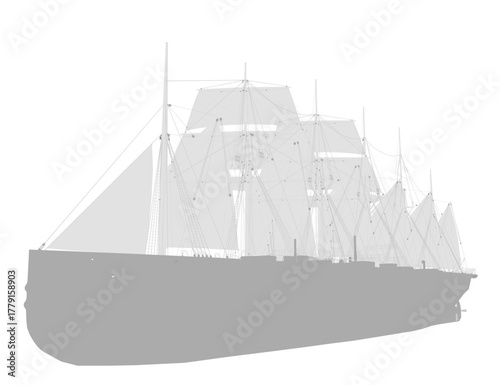 Tall ship sailing vessel with multiple masts and full sails, carrying passengers in silhouette form. This black and white line art drawing is isolated on a plain white background.