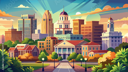 Very beautiful afternoon view of downtown Monroe, Louisiana, USA, with sunlight reflecting on historic buildings, trees, and blue sky, realistic cityscape with warm tones and calm atmosphere.