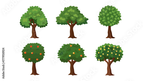 Diverse Tree Collection: A vibrant collection showcases varied tree forms and fruit-bearing trees, representing the richness of nature's arboreal diversity.