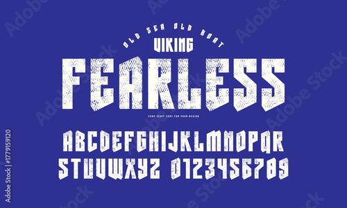 Decorative sans serif font in viking style. Letters and numbers with rough texture for logo and emblem design. White print on blue background