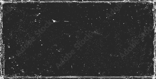 Worn black grunge texture. Weathered paper effect. White grainy texture on black background. Dust overlay textured. Grain noise particles. Torn graininess pattern. Vector illustration, EPS 10.