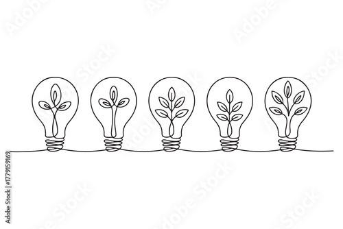 Continuous one line drawing of light bulb with tree inside eco concept illustration
