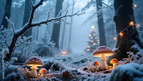 Frosted forest clearing with glowing mushrooms snow on branches cinematic Christmas fantasy scene.