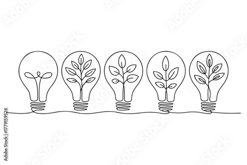 Continuous one line drawing of light bulb with tree inside eco concept illustration

