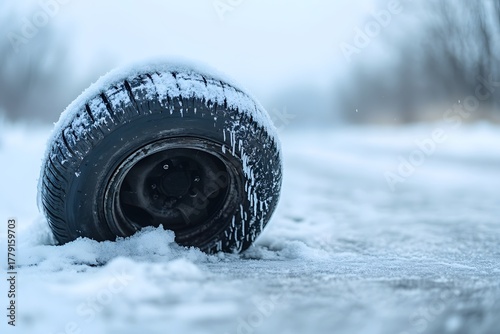 An old car tire half-buried in snow