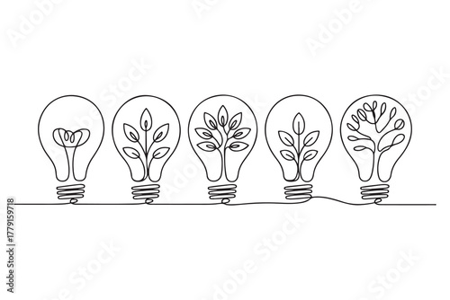 Continuous one line drawing of light bulb with tree inside eco concept illustration

