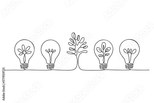 Continuous one line drawing of light bulb with tree inside eco concept illustration
