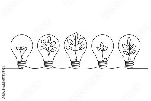 Continuous one line drawing of light bulb with tree inside eco concept illustration
