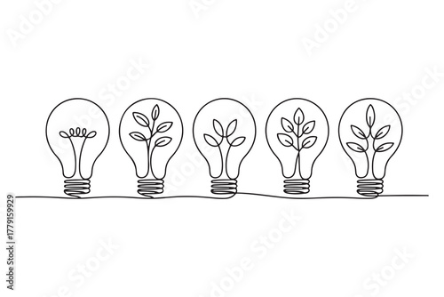 Continuous one line drawing of light bulb with tree inside eco concept illustration
