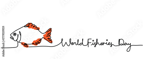 Fish with world fisheries day text calligraphy One continuous line drawing for Poster, banner, background with lettering, fishs outline minimal line art sign symbol clipart illustration fish theme