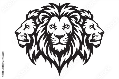 Three majestic lion heads rendered in a striking black and white graphic style