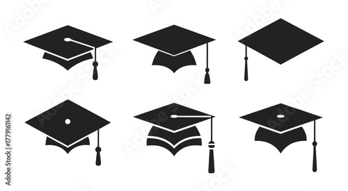 Set of six black graduation mortarboard caps vector illustration for academic achievement design vector