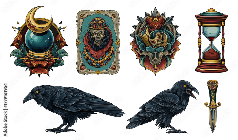 Obraz premium Old School Tattoo Style Illustration Collection with Ravens and Mystical Objects