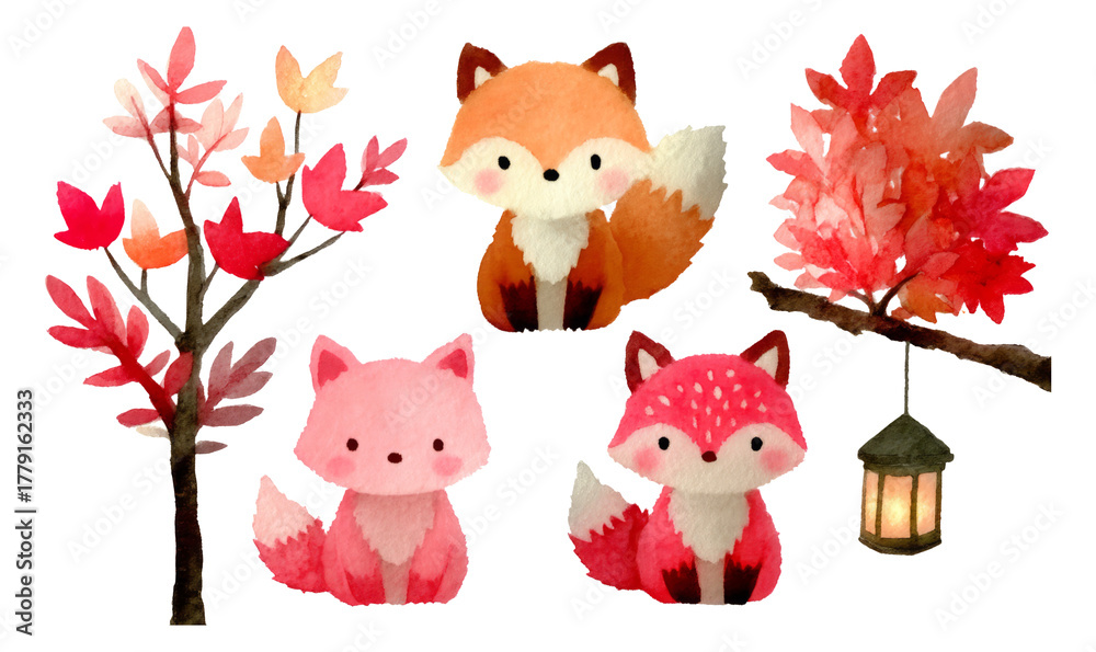 Fototapeta premium Playful Watercolor Foxes and Autumn Leaves Collection with Lantern Design
