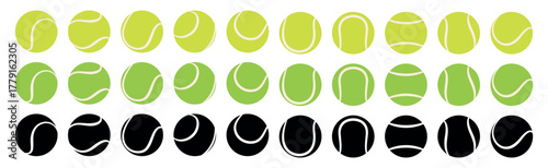 Set of yellow, green and black tennis balls with different seam patterns. Tennis ball sport collection. Flat vector illustration isolated on white background.