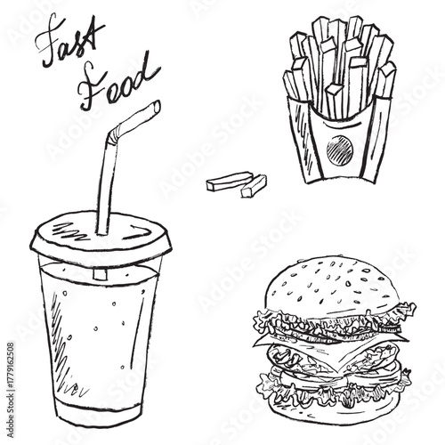Hand drawn fast food hamburger, french fries in paper box, soda with straw. Fast food lunch concept. Fast food menu design. Vector sketch illustration in vintage charcoal ink style