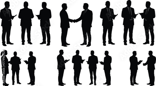 Business people silhouettes communicating and shaking hands, teamwork and corporate meeting concept, professional partnership vector illustration for office design