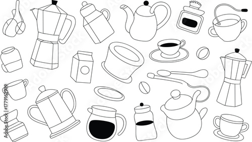 Coffee and tea utensils pattern illustration, moka pot, cups, milk jar, sugar container, spoons, beverage accessories drawing, cafe themed artwork