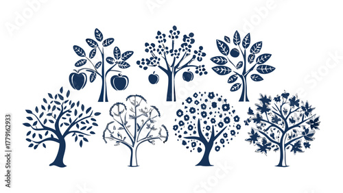 Orchard Trees: A collection of stylized orchard trees is presented with the freshness of new growth, promising a plentiful harvest. They represent nature's beauty and the promise of a bountiful year.