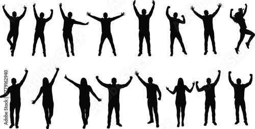 Happy people silhouettes jumping and celebrating, joyful crowd illustration, teamwork success concept, freedom and victory vector art design for motivation