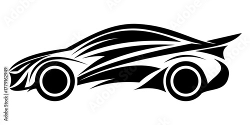 WebMinimalist vector logo of a car side view silhouette in black and white. Suitable for automotive branding, car rental logos, racing decals, t-shirt prints, and vehicle icon designs.