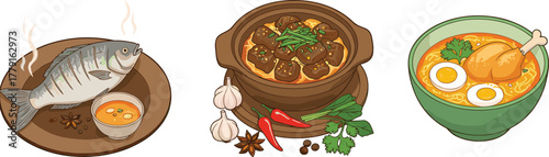 Delicious Asian cuisine illustration, steamed fish plate, spicy meat stew, chicken noodle ramen bowl, flavorful ingredients, traditional cultural food artwork