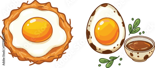 Delicious fried egg and boiled egg cartoon illustration with sauce bowl and herbs, breakfast food concept, isolated white background