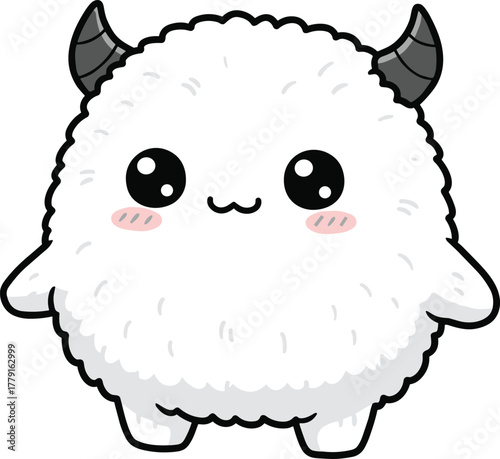 Cute fluffy cartoon monster character illustration, kawaii chibi creature with horns, adorable mascot art, isolated vector design for kids products