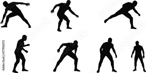 Male athlete silhouette set, sportsman in dynamic poses, fitness motion concept, strength and training illustration for exercise and performance