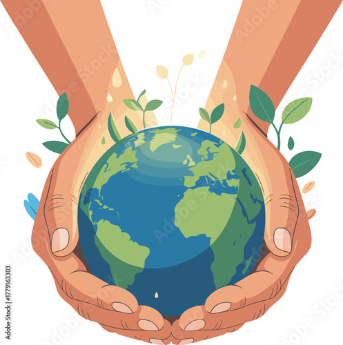 Hands holding Earth with growing plants, environmental protection illustration, save nature concept, green planet care graphic, sustainability artwork