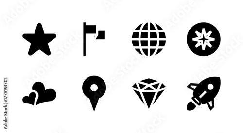 Essential Miscellaneous Icon Set - Star Heart Globe Diamond and Symbol Elements