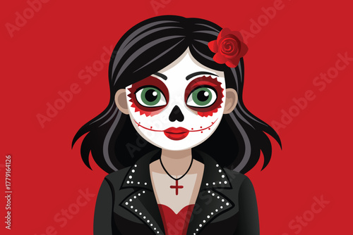 Woman with Calavera Face Paint and Red Rose day of the dead