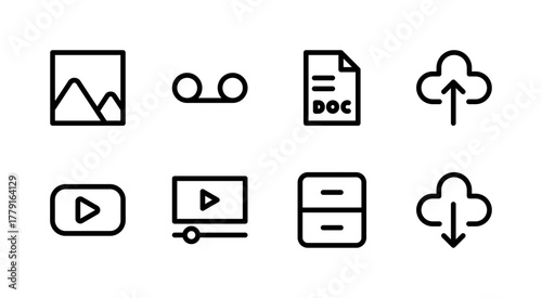 Essential UI Icon Set - Image Video Document Cloud and Media File Elements