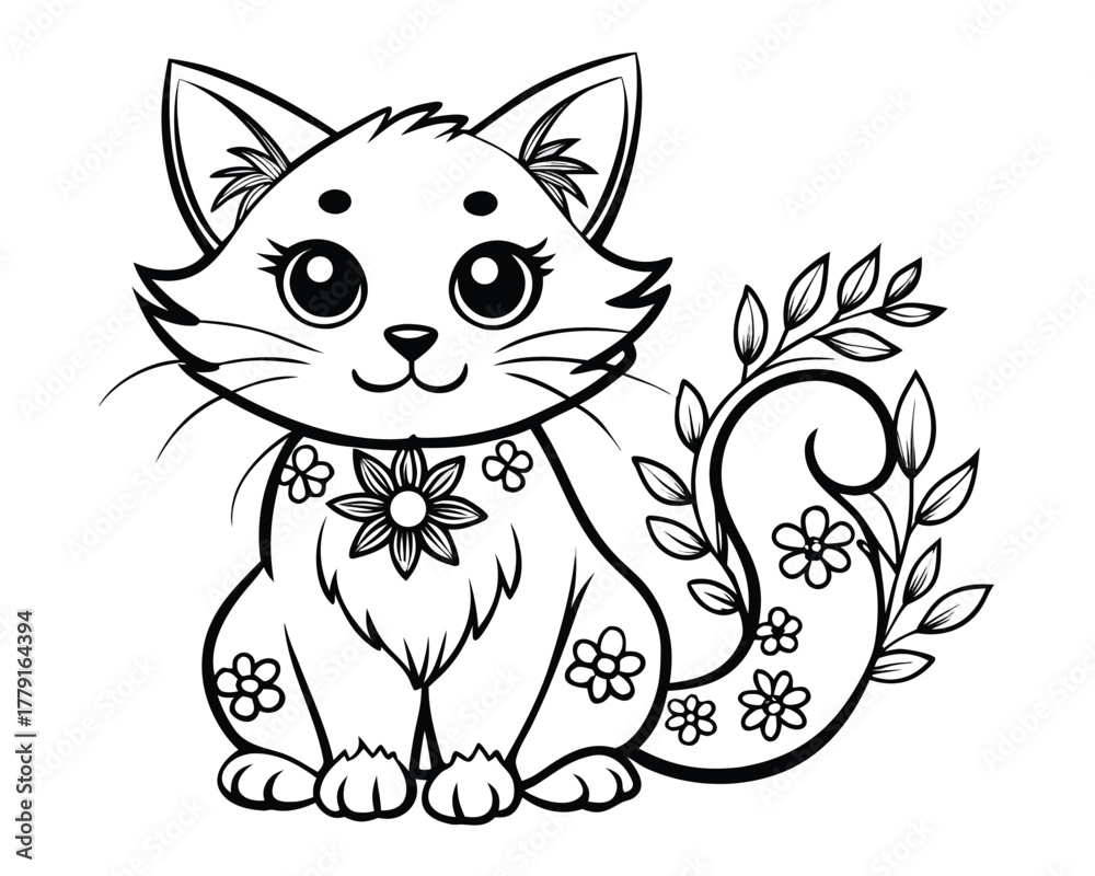 Obraz premium Black and white line art kitten with floral accents