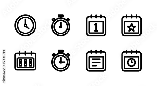 Essential UI Icon Set - Clock Timer Calendar Schedule and Time Management Elements
