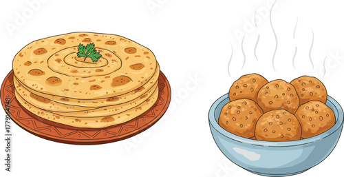 Traditional Indian flatbread with hot fried snacks in bowl, delicious meal illustration, cartoon food drawing, tasty cultural cuisine artwork, plate serving