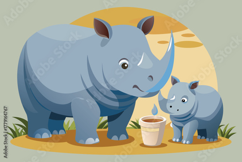 Cartoon mother and baby rhino near cup of water rhinoceros